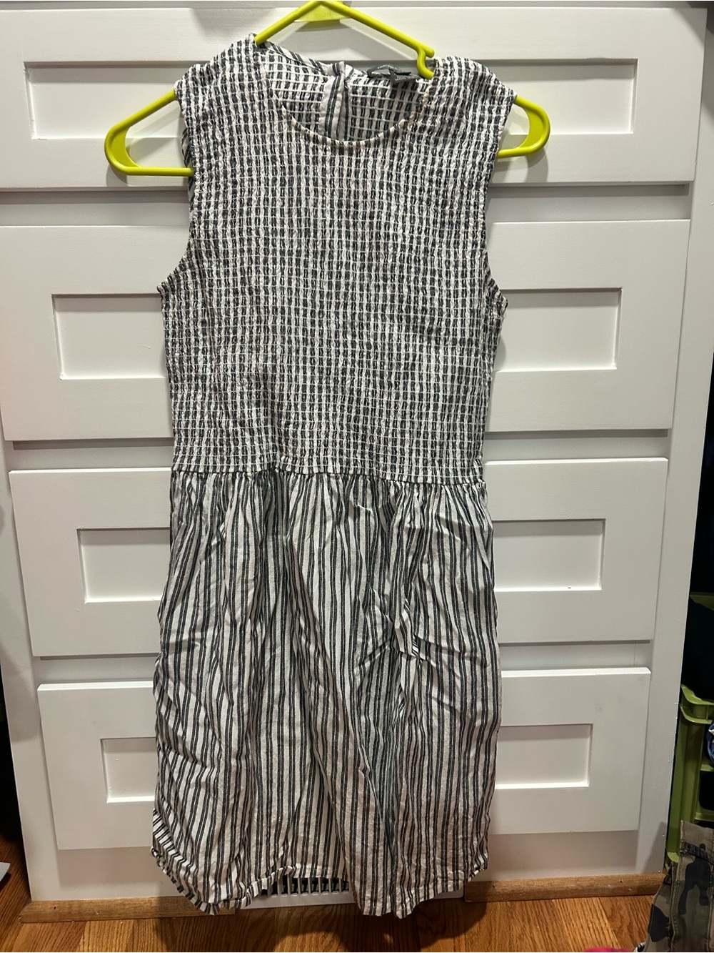 French Connection Black and White Striped smocked Sleeveless Mini Dress